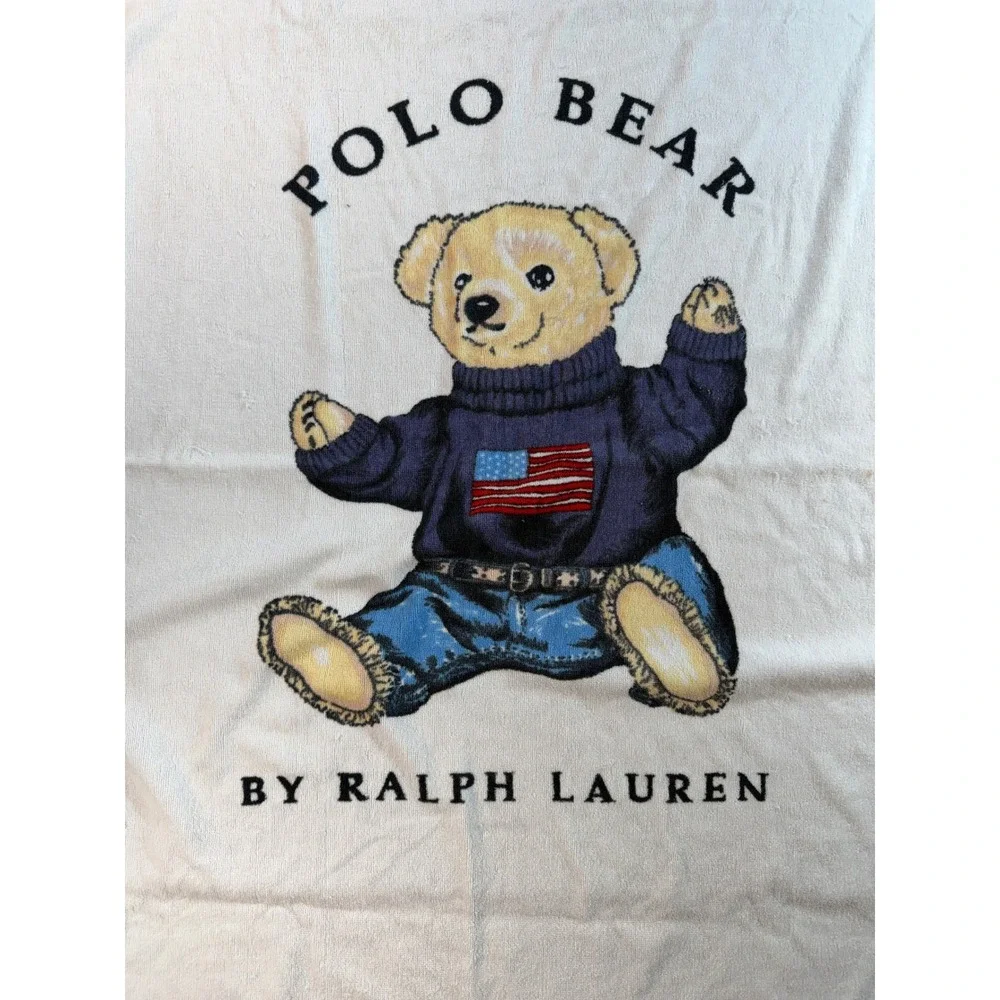 Ralph Lauren Polo Bear Beach Towel White Cotton Flag Sweater Vintage Home 35x60